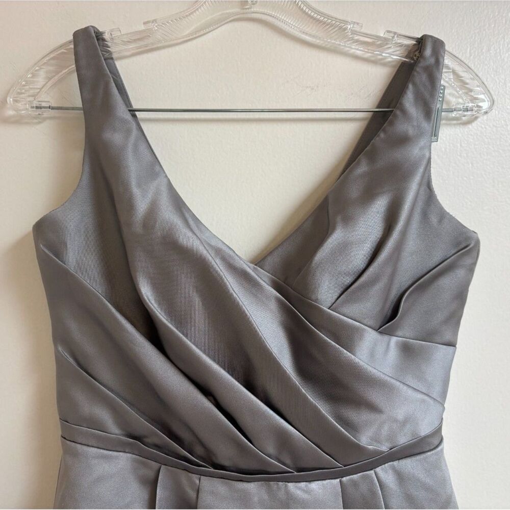 NWT David's Bridal Gray Satin Pleated Cocktail Dress Pockets 2 Mercury Formal - Picture 3 of 9